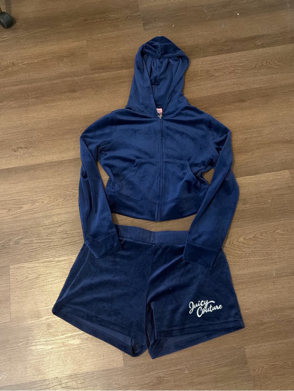 Juicy Couture Navy Velour Zip Hoodie with Gold J Charm And Shorts Set SZ M